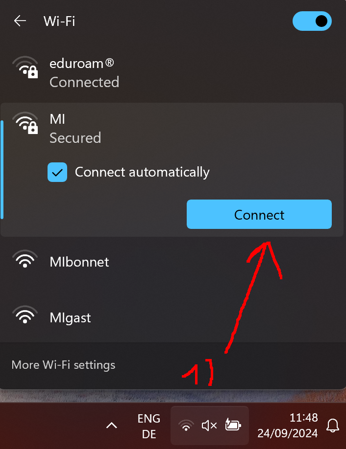 connect to the MI network via the wifi menu on the taskbar